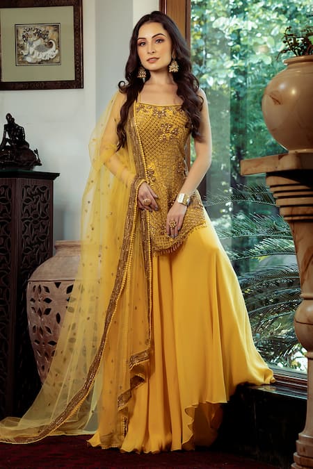Shashank Arya Yellow Net, Crepe, Georgette, Linen Embellished Strappy Kurta Flared Pant Set Online at Aza Fashions Shashank Arya_Yellow Net, Crepe, Georgette, Linen Embellished Strappy Kurta Flared Pant Set _Online_at_Aza_Fashions