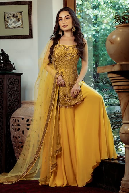 Buy Shashank Arya Yellow Net, Crepe, Georgette, Linen Embellished Strappy Kurta Flared Pant Set Online at Aza Fashions Buy_Shashank Arya_Yellow Net, Crepe, Georgette, Linen Embellished Strappy Kurta Flared Pant Set _Online_at_Aza_Fashions