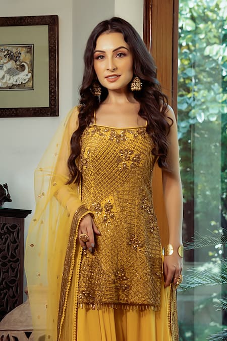 Shop Shashank Arya Yellow Net, Crepe, Georgette, Linen Embellished Strappy Kurta Flared Pant Set Online at Aza Fashions Shop_Shashank Arya_Yellow Net, Crepe, Georgette, Linen Embellished Strappy Kurta Flared Pant Set _Online_at_Aza_Fashions
