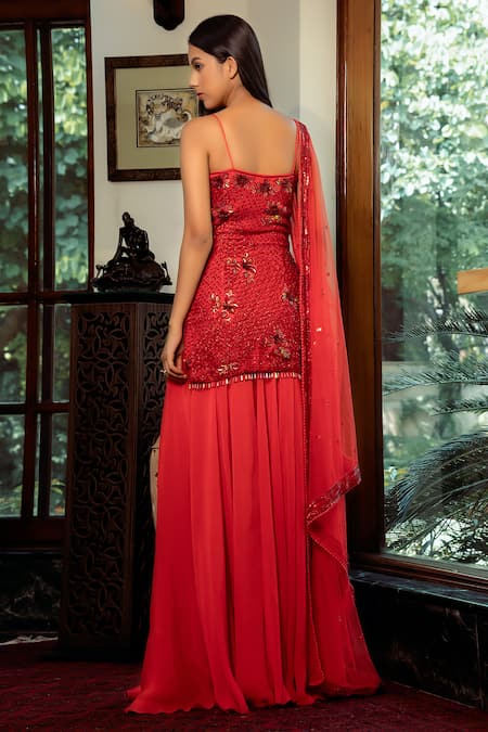 Shop Shashank Arya Red Net, Crepe, Georgette Sequins, Beads Embellished Kurta Flared Pant Set at Aza Fashions Shop_Shashank Arya_Red Net, Crepe, Georgette Sequins, Beads Embellished Kurta Flared Pant Set _at_Aza_Fashions
