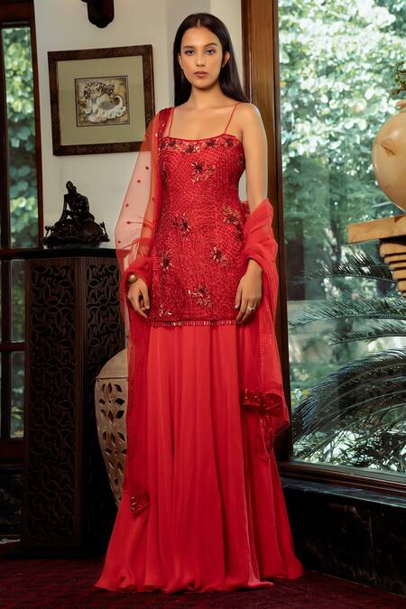 Shop Shashank Arya Red Net, Crepe, Georgette Sequins, Beads Embellished Kurta Flared Pant Set Online at Aza Fashions Shop_Shashank Arya_Red Net, Crepe, Georgette Sequins, Beads Embellished Kurta Flared Pant Set _Online_at_Aza_Fashions
