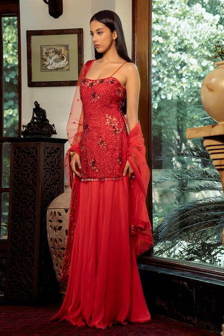 Shashank Arya Red Net, Crepe, Georgette Sequins, Beads Embellished Kurta Flared Pant Set at Aza Fashions Shashank Arya_Red Net, Crepe, Georgette Sequins, Beads Embellished Kurta Flared Pant Set _at_Aza_Fashions