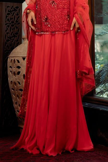Buy Shashank Arya Red Net, Crepe, Georgette Sequins, Beads Embellished Kurta Flared Pant Set Buy_Shashank Arya_Red Net, Crepe, Georgette Sequins, Beads Embellished Kurta Flared Pant Set