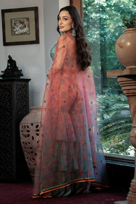 Shop Shashank Arya Blue Chiffon, Organza, Crepe Sequins, Floral Print Ombre Cape Tiered Sharara Set at Aza Fashions Shop_Shashank Arya_Blue Chiffon, Organza, Crepe Sequins, Floral Print Ombre Cape Tiered Sharara Set_at_Aza_Fashions
