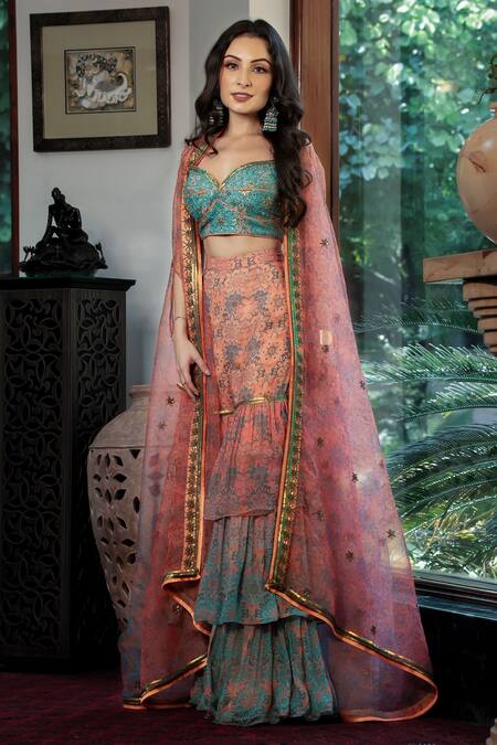 Shashank Arya Blue Chiffon, Organza, Crepe Sequins, Floral Print Ombre Cape Tiered Sharara Set Online at Aza Fashions Shashank Arya_Blue Chiffon, Organza, Crepe Sequins, Floral Print Ombre Cape Tiered Sharara Set_Online_at_Aza_Fashions