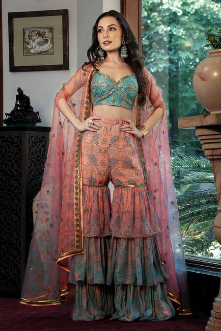 Shop Shashank Arya Blue Chiffon, Organza, Crepe Sequins, Floral Print Ombre Cape Tiered Sharara Set Online at Aza Fashions Shop_Shashank Arya_Blue Chiffon, Organza, Crepe Sequins, Floral Print Ombre Cape Tiered Sharara Set_Online_at_Aza_Fashions