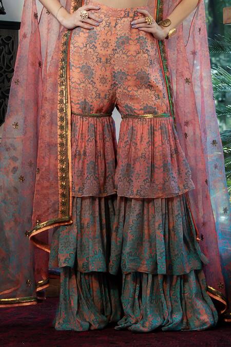 Shashank Arya Blue Chiffon, Organza, Crepe Sequins, Floral Print Ombre Cape Tiered Sharara Set at Aza Fashions Shashank Arya_Blue Chiffon, Organza, Crepe Sequins, Floral Print Ombre Cape Tiered Sharara Set_at_Aza_Fashions