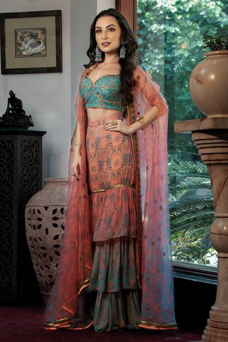 Buy Shashank Arya Blue Chiffon, Organza, Crepe Sequins, Floral Print Ombre Cape Tiered Sharara Set Buy_Shashank Arya_Blue Chiffon, Organza, Crepe Sequins, Floral Print Ombre Cape Tiered Sharara Set