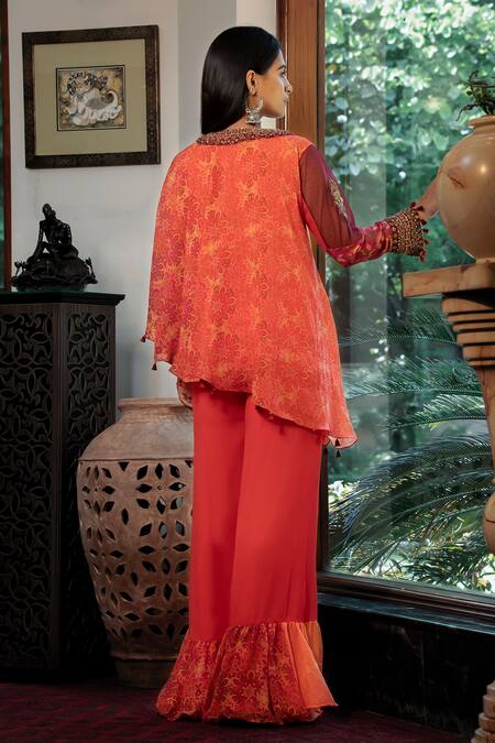 Shop_Shashank Arya_Orange Net, Crepe, Georgette, Linen Floral Print Asymmetric Kurta With Pant_at_Aza_Fashions