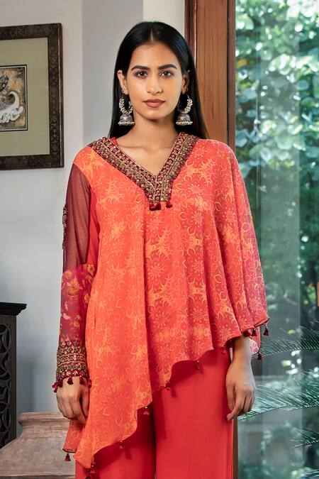 Shashank Arya_Orange Net, Crepe, Georgette, Linen Floral Print Asymmetric Kurta With Pant_Online_at_Aza_Fashions