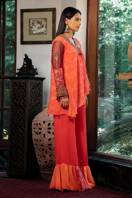 Shop_Shashank Arya_Orange Net, Crepe, Georgette, Linen Floral Print Asymmetric Kurta With Pant_Online_at_Aza_Fashions