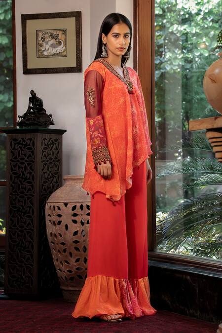 Shashank Arya_Orange Net, Crepe, Georgette, Linen Floral Print Asymmetric Kurta With Pant_at_Aza_Fashions