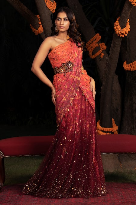 Shashank Arya Brown Net, Chiffon, Satin Embroidery, Floral Bloom Print Concept Saree With Belt Online at Aza Fashions Shashank Arya_Brown Net, Chiffon, Satin Embroidery, Floral Bloom Print Concept Saree With Belt _Online_at_Aza_Fashions