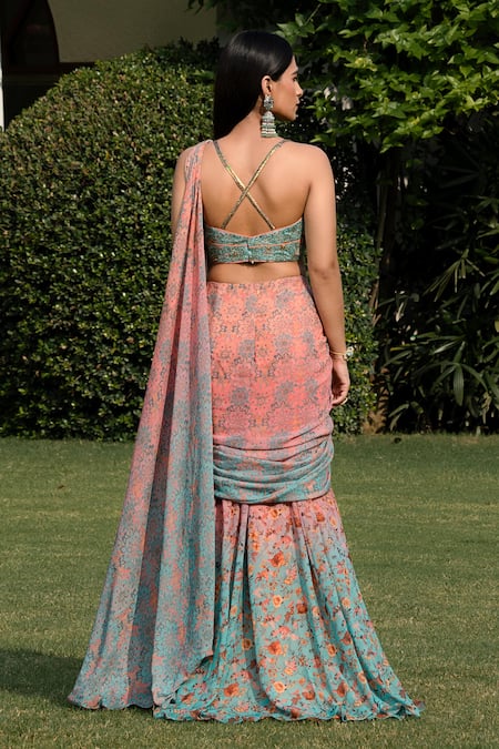 Shop Shashank Arya Peach Satin, Chiffon, Crepe Sequins, Pre-draped Floral Print Saree With Blouse at Aza Fashions Shop_Shashank Arya_Peach Satin, Chiffon, Crepe Sequins, Pre-draped Floral Print Saree With Blouse _at_Aza_Fashions