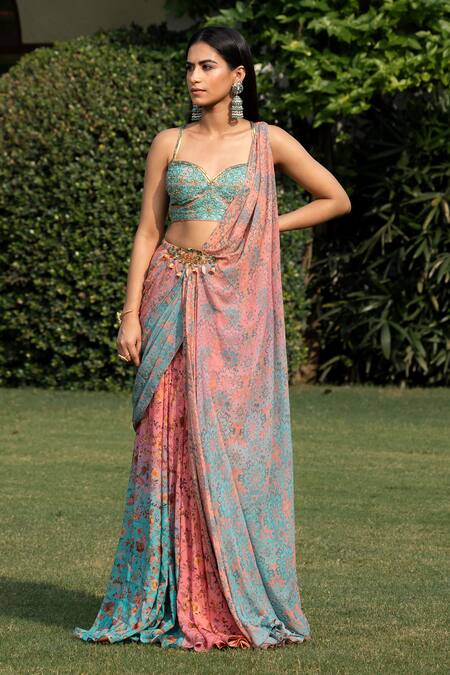Shashank Arya Peach Satin, Chiffon, Crepe Sequins, Pre-draped Floral Print Saree With Blouse Online at Aza Fashions Shashank Arya_Peach Satin, Chiffon, Crepe Sequins, Pre-draped Floral Print Saree With Blouse _Online_at_Aza_Fashions