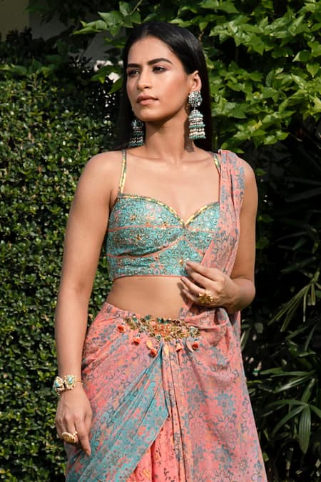 Buy Shashank Arya Peach Satin, Chiffon, Crepe Sequins, Pre-draped Floral Print Saree With Blouse Online at Aza Fashions Buy_Shashank Arya_Peach Satin, Chiffon, Crepe Sequins, Pre-draped Floral Print Saree With Blouse _Online_at_Aza_Fashions