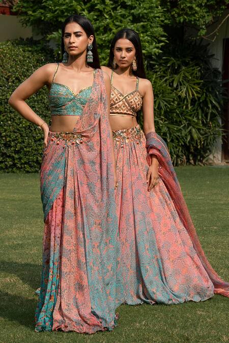 Buy Shashank Arya Peach Satin, Chiffon, Crepe Sequins, Pre-draped Floral Print Saree With Blouse Buy_Shashank Arya_Peach Satin, Chiffon, Crepe Sequins, Pre-draped Floral Print Saree With Blouse