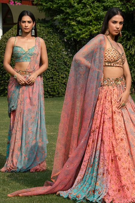 Shop Shashank Arya Peach Satin, Chiffon, Crepe Sequins, Pre-draped Floral Print Saree With Blouse Shop_Shashank Arya_Peach Satin, Chiffon, Crepe Sequins, Pre-draped Floral Print Saree With Blouse