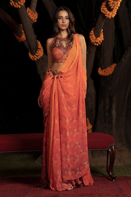 Shashank Arya_Orange Satin, Crepe, Net, Pre-draped Floral Print Concept Saree With Blouse _Online_at_Aza_Fashions