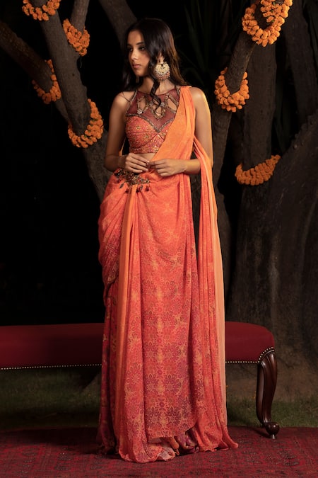 Buy_Shashank Arya_Orange Satin, Crepe, Net, Pre-draped Floral Print Concept Saree With Blouse _Online_at_Aza_Fashions