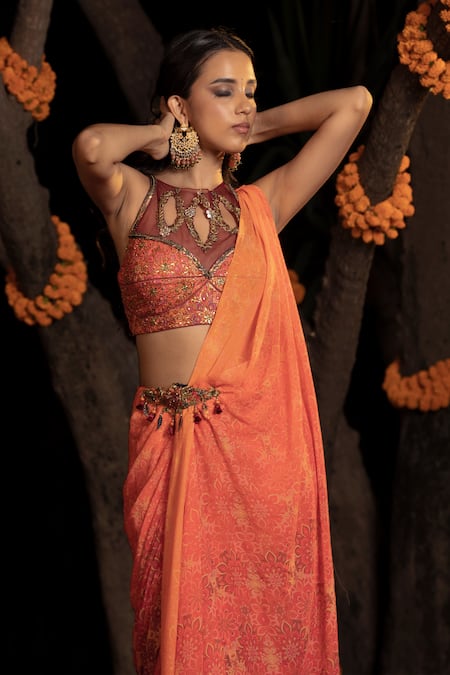 Shop_Shashank Arya_Orange Satin, Crepe, Net, Pre-draped Floral Print Concept Saree With Blouse _Online_at_Aza_Fashions