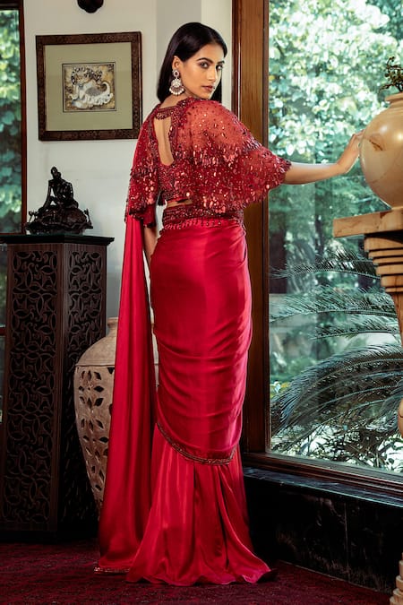 Shop Shashank Arya Red Net, Satin Sequins, Beads Pre-draped Saree With Hand Embroidered Cape Blouse at Aza Fashions Shop_Shashank Arya_Red Net, Satin Sequins, Beads Pre-draped Saree With Hand Embroidered Cape Blouse _at_Aza_Fashions