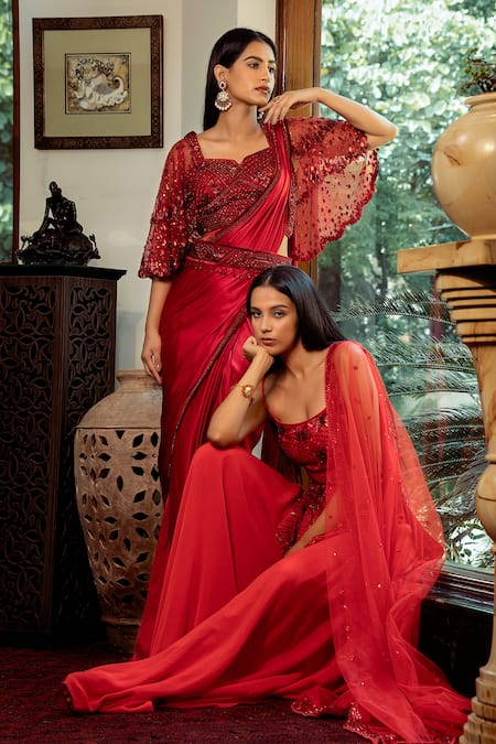 Buy Shashank Arya Red Net, Satin Sequins, Beads Pre-draped Saree With Hand Embroidered Cape Blouse Online at Aza Fashions Buy_Shashank Arya_Red Net, Satin Sequins, Beads Pre-draped Saree With Hand Embroidered Cape Blouse _Online_at_Aza_Fashions
