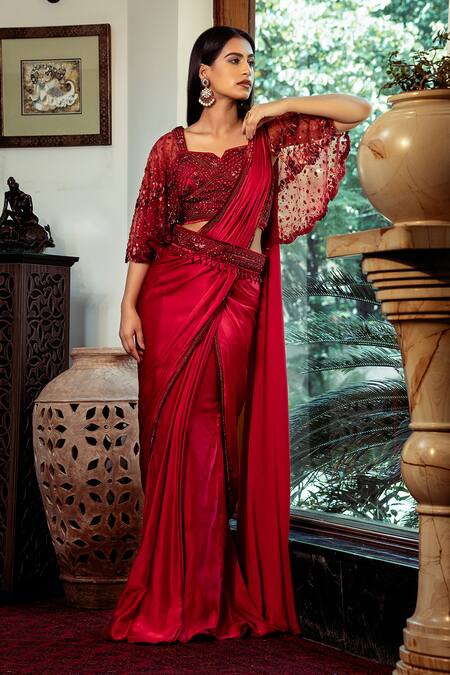 Shop Shashank Arya Red Net, Satin Sequins, Beads Pre-draped Saree With Hand Embroidered Cape Blouse Online at Aza Fashions Shop_Shashank Arya_Red Net, Satin Sequins, Beads Pre-draped Saree With Hand Embroidered Cape Blouse _Online_at_Aza_Fashions