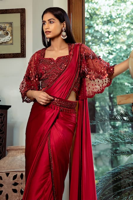 Shashank Arya Red Net, Satin Sequins, Beads Pre-draped Saree With Hand Embroidered Cape Blouse at Aza Fashions Shashank Arya_Red Net, Satin Sequins, Beads Pre-draped Saree With Hand Embroidered Cape Blouse _at_Aza_Fashions