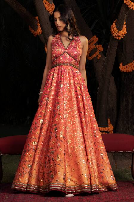 Buy Shashank Arya Orange Net, Satin, Linen Sequins, Beads Halter Neck Hand Embroidered Bodice Gown Online at Aza Fashions Buy_Shashank Arya_Orange Net, Satin, Linen Sequins, Beads Halter Neck Hand Embroidered Bodice Gown _Online_at_Aza_Fashions