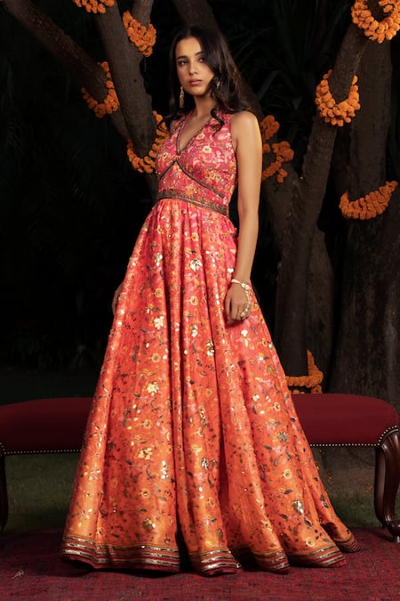 Shop Shashank Arya Orange Net, Satin, Linen Sequins, Beads Halter Neck Hand Embroidered Bodice Gown Online at Aza Fashions Shop_Shashank Arya_Orange Net, Satin, Linen Sequins, Beads Halter Neck Hand Embroidered Bodice Gown _Online_at_Aza_Fashions