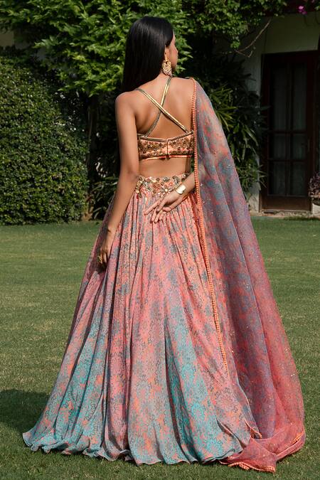 Shop Shashank Arya Peach Organza, Satin, Net, Chiffon Two Tone Floral Print Draped Lehenga Set at Aza Fashions Shop_Shashank Arya_Peach Organza, Satin, Net, Chiffon Two Tone Floral Print Draped Lehenga Set_at_Aza_Fashions