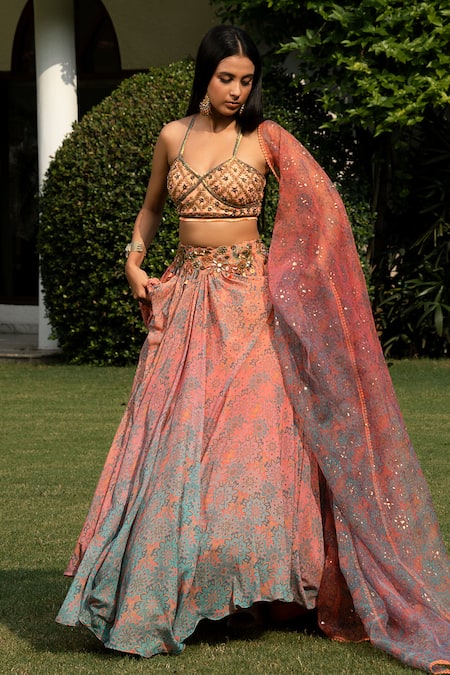 Shashank Arya Peach Organza, Satin, Net, Chiffon Two Tone Floral Print Draped Lehenga Set Online at Aza Fashions Shashank Arya_Peach Organza, Satin, Net, Chiffon Two Tone Floral Print Draped Lehenga Set_Online_at_Aza_Fashions