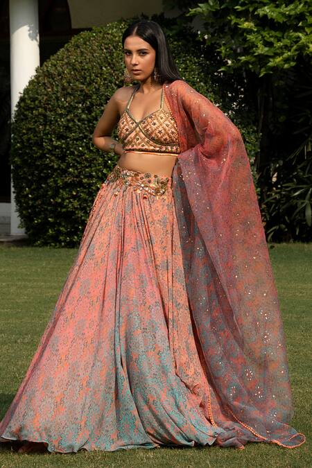 Buy Shashank Arya Peach Organza, Satin, Net, Chiffon Two Tone Floral Print Draped Lehenga Set Online at Aza Fashions Buy_Shashank Arya_Peach Organza, Satin, Net, Chiffon Two Tone Floral Print Draped Lehenga Set_Online_at_Aza_Fashions