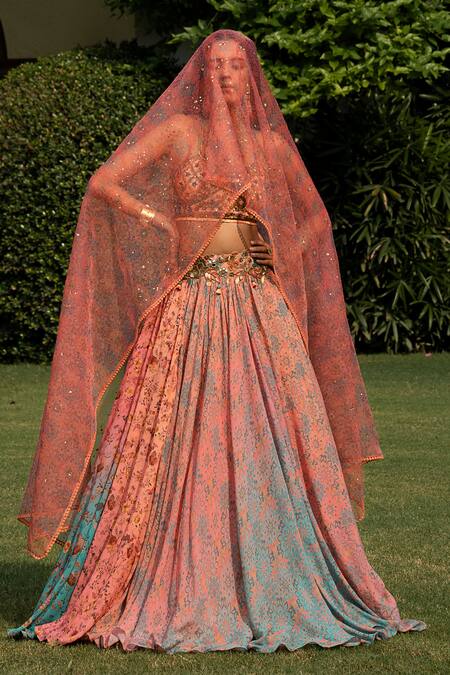 Shop Shashank Arya Peach Organza, Satin, Net, Chiffon Two Tone Floral Print Draped Lehenga Set Online at Aza Fashions Shop_Shashank Arya_Peach Organza, Satin, Net, Chiffon Two Tone Floral Print Draped Lehenga Set_Online_at_Aza_Fashions
