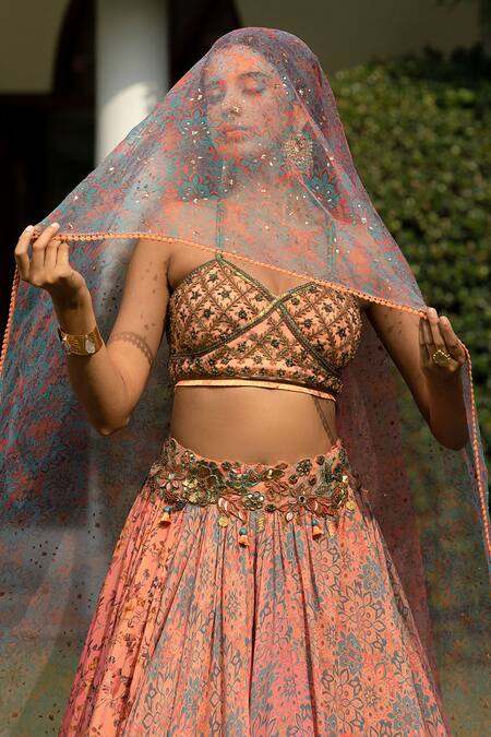 Shashank Arya Peach Organza, Satin, Net, Chiffon Two Tone Floral Print Draped Lehenga Set at Aza Fashions Shashank Arya_Peach Organza, Satin, Net, Chiffon Two Tone Floral Print Draped Lehenga Set_at_Aza_Fashions