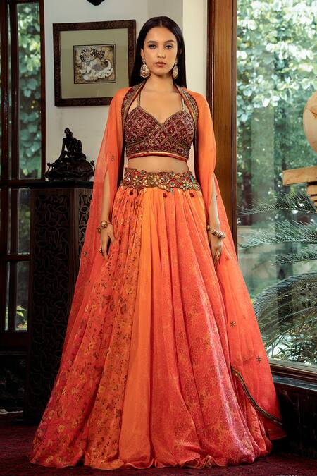 Buy Shashank Arya Orange Organza, Net, Satin, Chiffon Floral Embroidered Cape Draped Lehenga Set Online at Aza Fashions Buy_Shashank Arya_Orange Organza, Net, Satin, Chiffon Floral Embroidered Cape Draped Lehenga Set_Online_at_Aza_Fashions