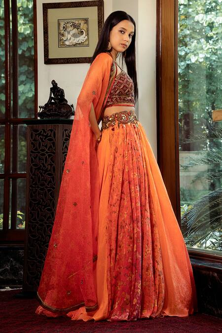 Shashank Arya Orange Organza, Net, Satin, Chiffon Floral Embroidered Cape Draped Lehenga Set at Aza Fashions Shashank Arya_Orange Organza, Net, Satin, Chiffon Floral Embroidered Cape Draped Lehenga Set_at_Aza_Fashions