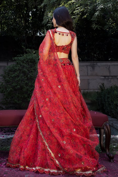 Shop Shashank Arya Red Organza, Net, Satin Embroidery, Sequins, Floral Blossom Print Lehenga Set at Aza Fashions Shop_Shashank Arya_Red Organza, Net, Satin Embroidery, Sequins, Floral Blossom Print Lehenga Set _at_Aza_Fashions