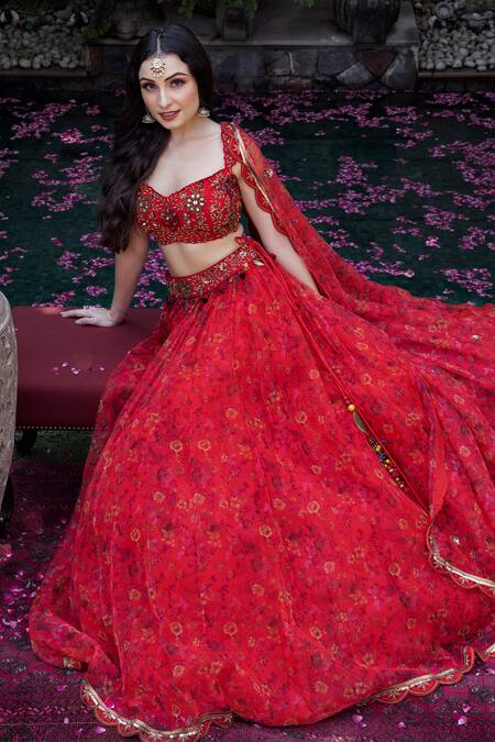 Shashank Arya Red Organza, Net, Satin Embroidery, Sequins, Floral Blossom Print Lehenga Set Online at Aza Fashions Shashank Arya_Red Organza, Net, Satin Embroidery, Sequins, Floral Blossom Print Lehenga Set _Online_at_Aza_Fashions