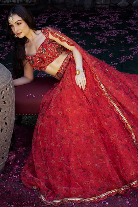 Buy Shashank Arya Red Organza, Net, Satin Embroidery, Sequins, Floral Blossom Print Lehenga Set Online at Aza Fashions Buy_Shashank Arya_Red Organza, Net, Satin Embroidery, Sequins, Floral Blossom Print Lehenga Set _Online_at_Aza_Fashions