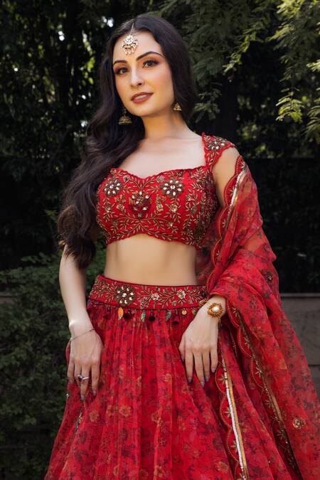 Shop Shashank Arya Red Organza, Net, Satin Embroidery, Sequins, Floral Blossom Print Lehenga Set Online at Aza Fashions Shop_Shashank Arya_Red Organza, Net, Satin Embroidery, Sequins, Floral Blossom Print Lehenga Set _Online_at_Aza_Fashions