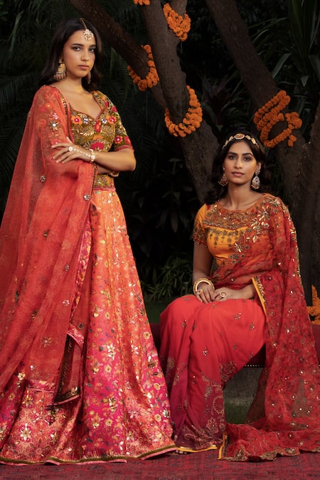 Shashank Arya Orange Organza, Net, Velvet, Satin Sequins, Ombre Floral Print Lehenga Set Online at Aza Fashions Shashank Arya_Orange Organza, Net, Velvet, Satin Sequins, Ombre Floral Print Lehenga Set _Online_at_Aza_Fashions