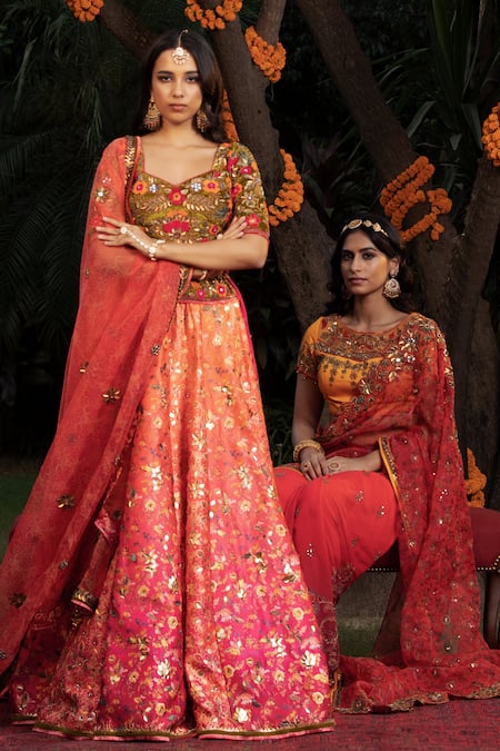 Buy Shashank Arya Orange Organza, Net, Velvet, Satin Sequins, Ombre Floral Print Lehenga Set Online at Aza Fashions Buy_Shashank Arya_Orange Organza, Net, Velvet, Satin Sequins, Ombre Floral Print Lehenga Set _Online_at_Aza_Fashions