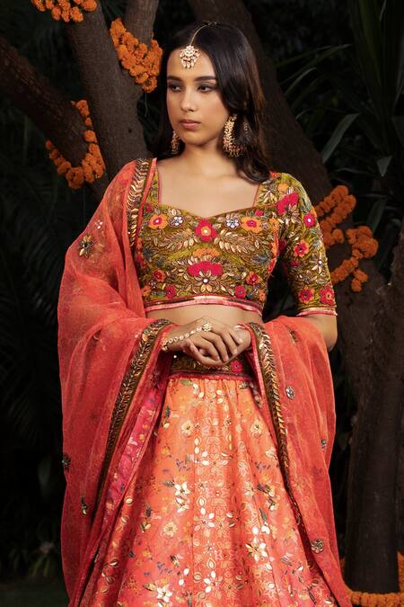Shop Shashank Arya Orange Organza, Net, Velvet, Satin Sequins, Ombre Floral Print Lehenga Set Online at Aza Fashions Shop_Shashank Arya_Orange Organza, Net, Velvet, Satin Sequins, Ombre Floral Print Lehenga Set _Online_at_Aza_Fashions