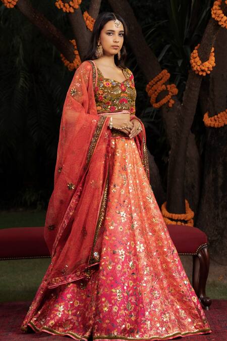 Shashank Arya Orange Organza, Net, Velvet, Satin Sequins, Ombre Floral Print Lehenga Set at Aza Fashions Shashank Arya_Orange Organza, Net, Velvet, Satin Sequins, Ombre Floral Print Lehenga Set _at_Aza_Fashions