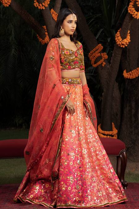 Buy Shashank Arya Orange Organza, Net, Velvet, Satin Sequins, Ombre Floral Print Lehenga Set Buy_Shashank Arya_Orange Organza, Net, Velvet, Satin Sequins, Ombre Floral Print Lehenga Set