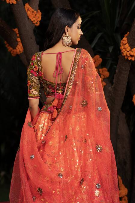 Shop Shashank Arya Orange Organza, Net, Velvet, Satin Sequins, Ombre Floral Print Lehenga Set Shop_Shashank Arya_Orange Organza, Net, Velvet, Satin Sequins, Ombre Floral Print Lehenga Set
