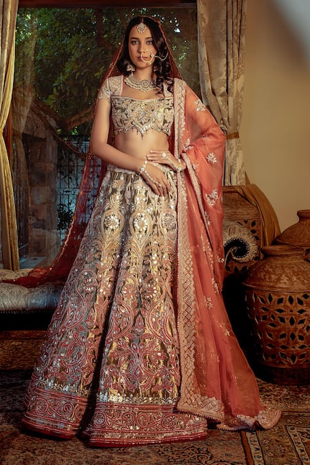 SHASHANK ARYA Gold Tissue Applique Velvet Floral And Mandala Square Neck Bridal Lehenga Set 