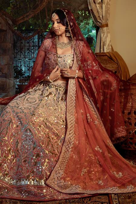 Shashank Arya Gold Velvet, Net, Organza Embroidery, Zari, Floral Applique Bridal Lehenga Set Online at Aza Fashions Shashank Arya_Gold Velvet, Net, Organza Embroidery, Zari, Floral Applique Bridal Lehenga Set _Online_at_Aza_Fashions